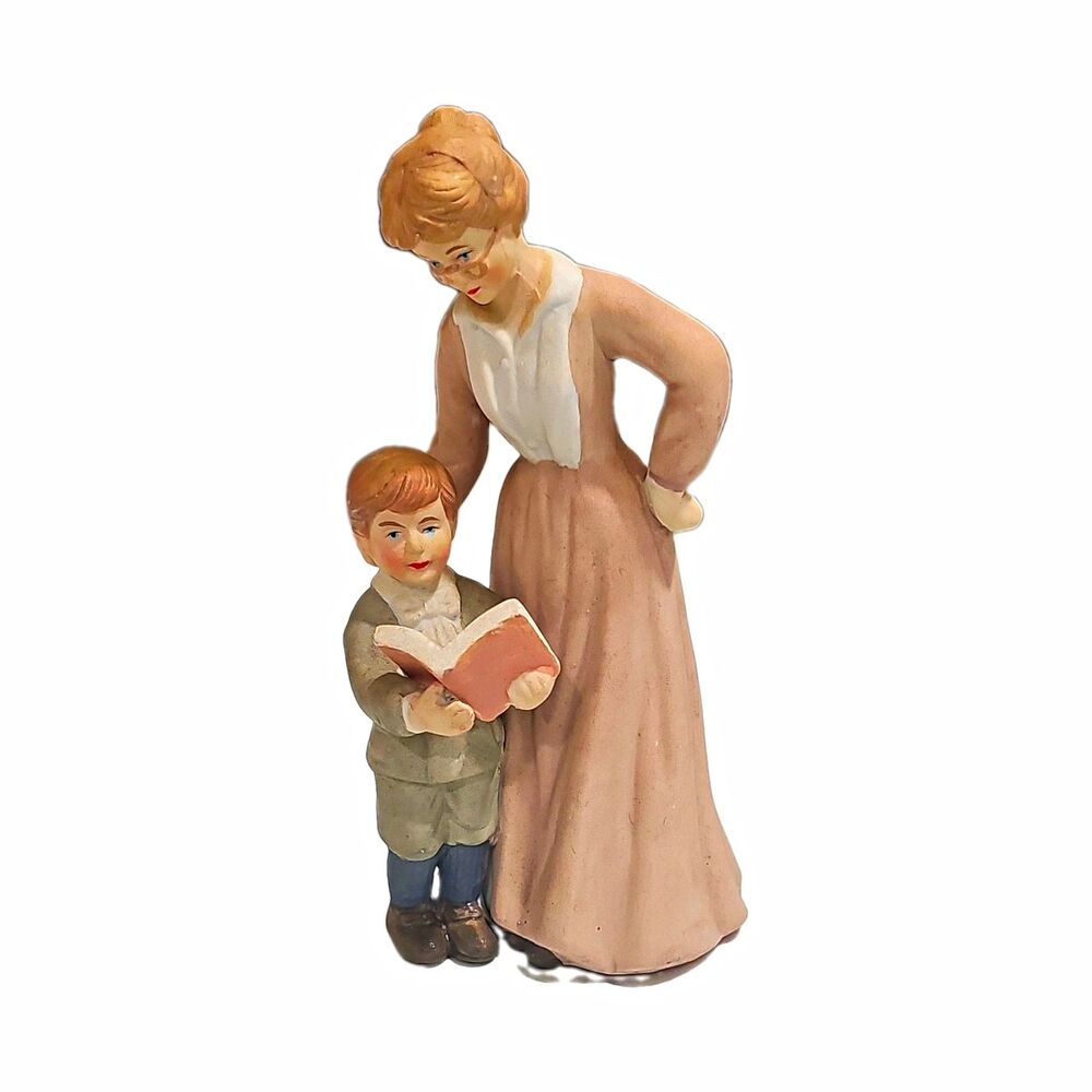 Hand-Painted Porcelain Teacher & Student Reading Book Figurine, Pink/White/Brown